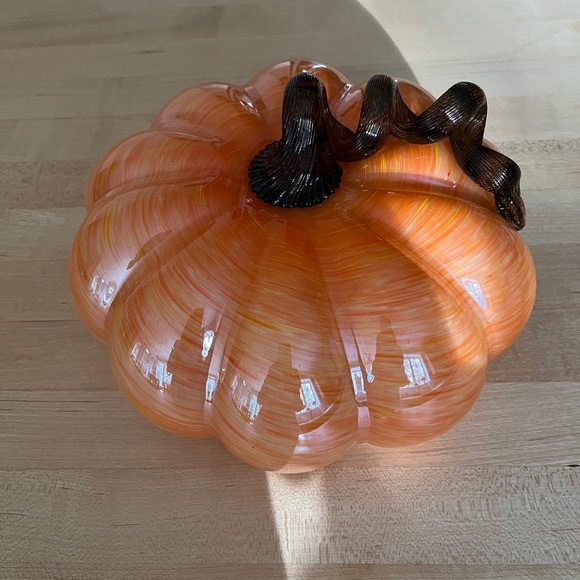 Hand Blown Glass Fall Pumpkin, Orange White Swirl with Brown Glass Stem - Picture 2 of 5